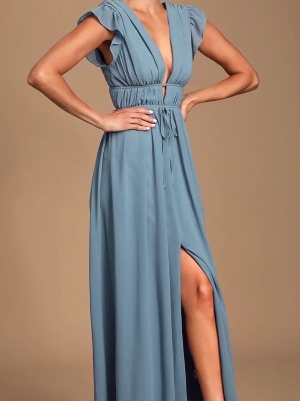 Lulu's Dusty Blue Deep V Maxi Dress with Ruffle Cap Sleeves - Picture 2 of 8
